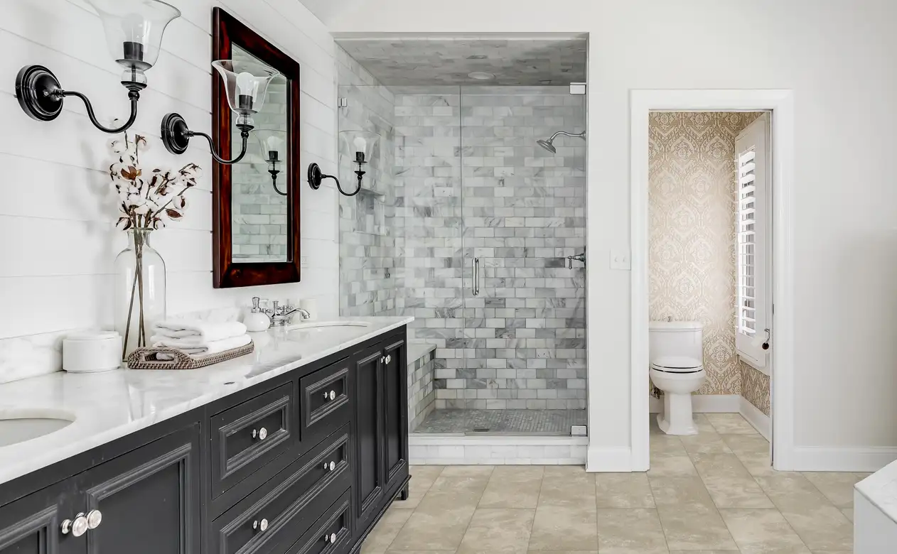 tiled shower in bathroom